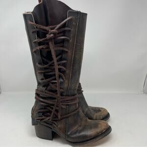 Freebirds Brown Distressed Lace Leather Cash Boots 6